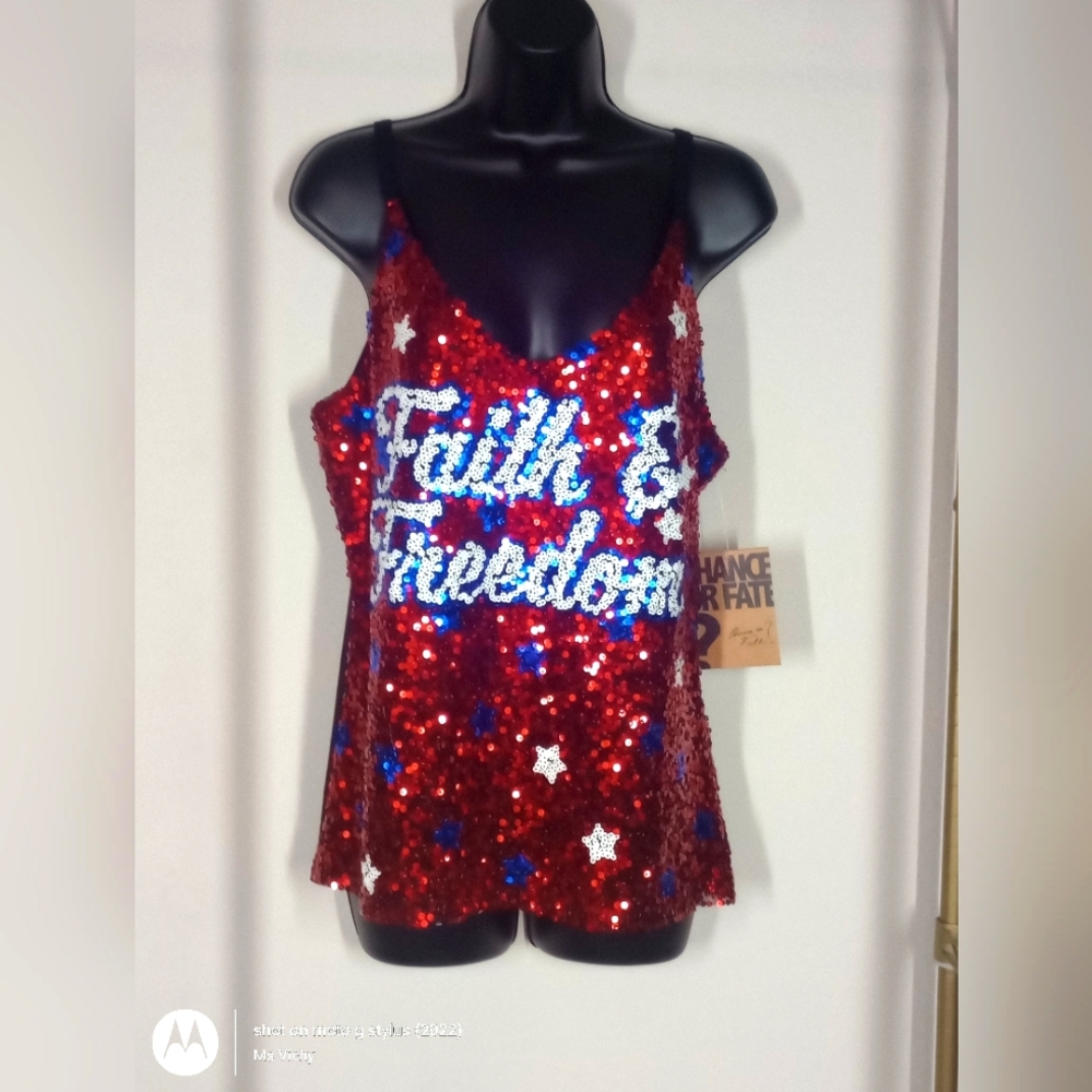 Tank Top. CHANCE OR FATE. LG. Red White Blue Sequin. NWT.